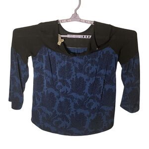 Michael Kors Top Womens Medium Blue Black Floral Pleated‎ Henley Neck Pullover